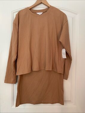 Time and Tru Ribbed Crew Neck Top with Skirt in Camel size top:L bottom:M